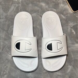Champion Slide Sandals White Black Logo Comfort